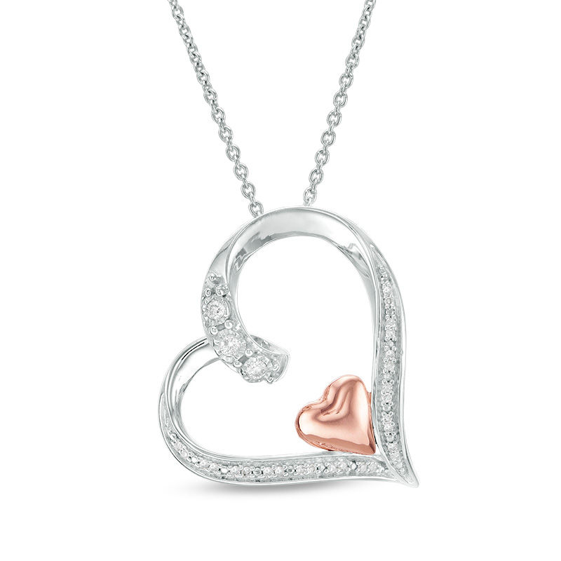 Main Image 1 of 0.10 CT. T.W. Diamond Tilted Heart Within Heart Pendant in Sterling Silver and 10K Rose Gold