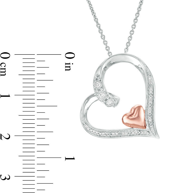 Main Image 3 of 0.10 CT. T.W. Diamond Tilted Heart Within Heart Pendant in Sterling Silver and 10K Rose Gold