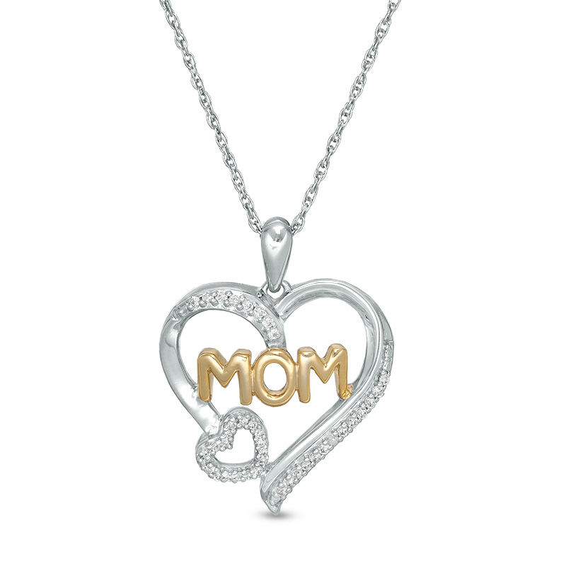 0.10 CT. T.W. Diamond Double Heart "MOM" Pendant in Sterling Silver and 10K Gold|Peoples Jewellers