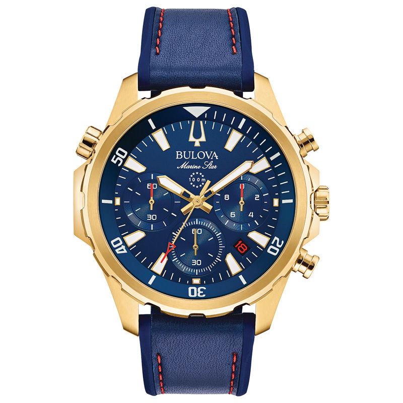 Men's Bulova Marine Star Chronograph Gold-Tone Strap Watch with Blue Dial (Model: 97B168)