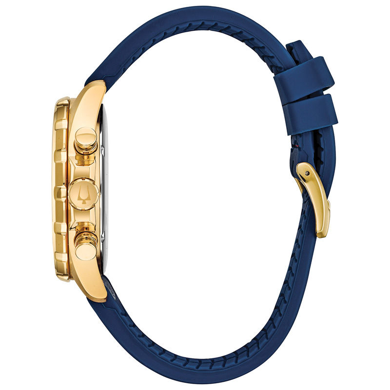 Men's Bulova Marine Star Chronograph Gold-Tone Strap Watch with Blue Dial (Model: 97B168)