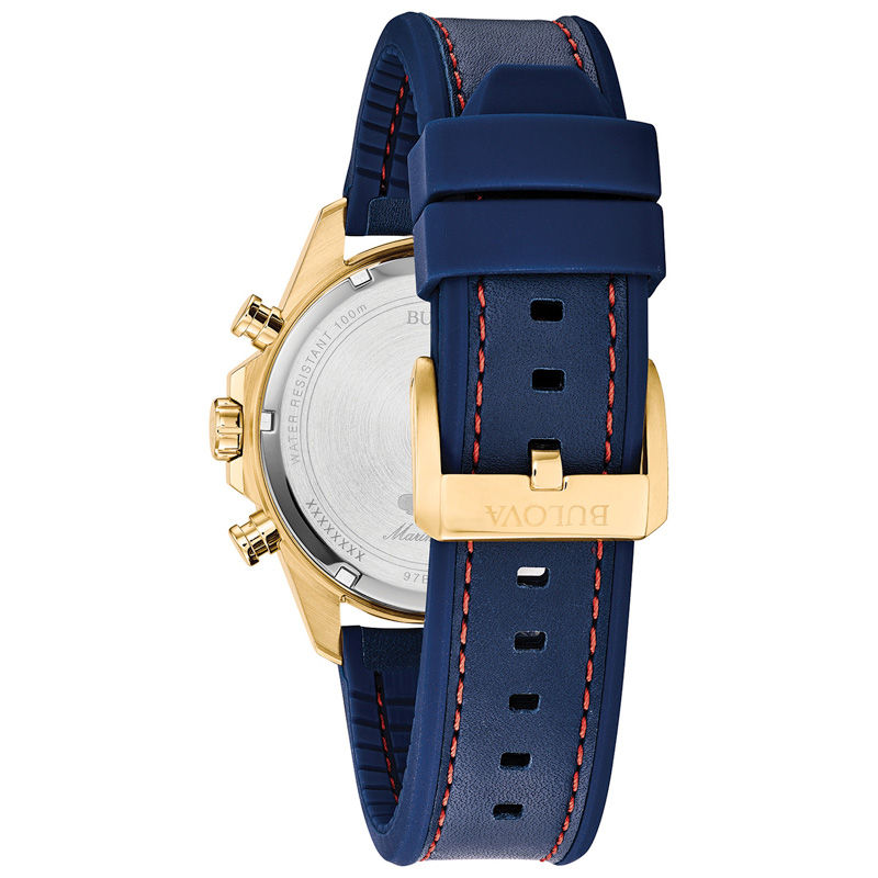 Men's Bulova Marine Star Chronograph Gold-Tone Strap Watch with Blue Dial (Model: 97B168)