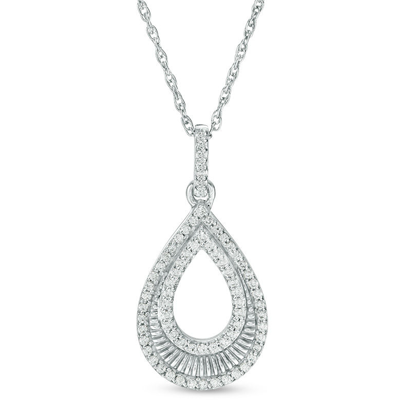 0.18 CT. T.W. Diamond and Textured Open Teardrop Pendant in 10K White Gold