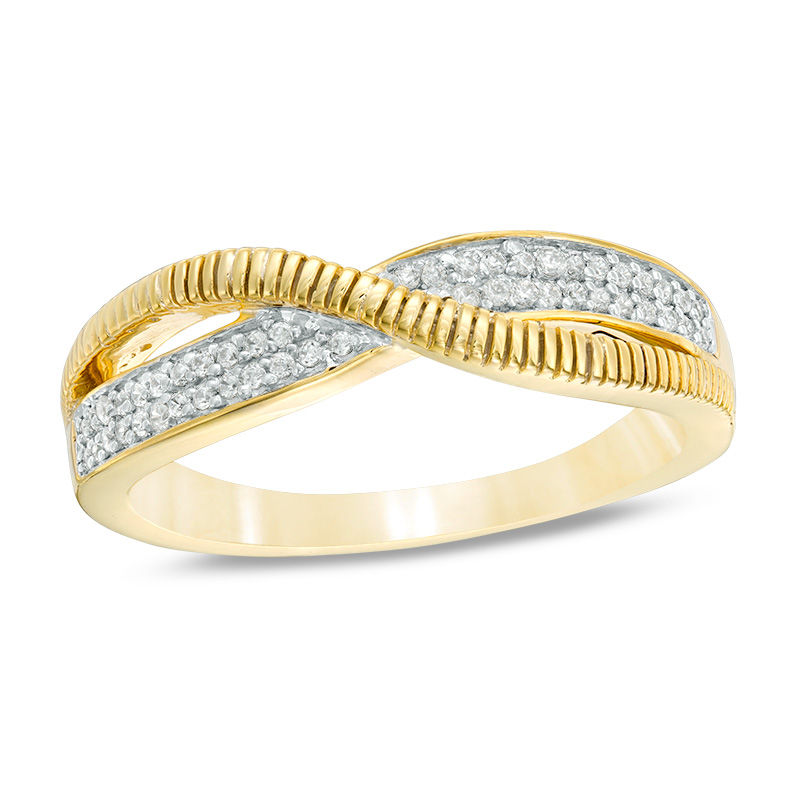 0.148 CT. T.W. Diamond and Textured Double Row Crossover Ring in 10K Gold