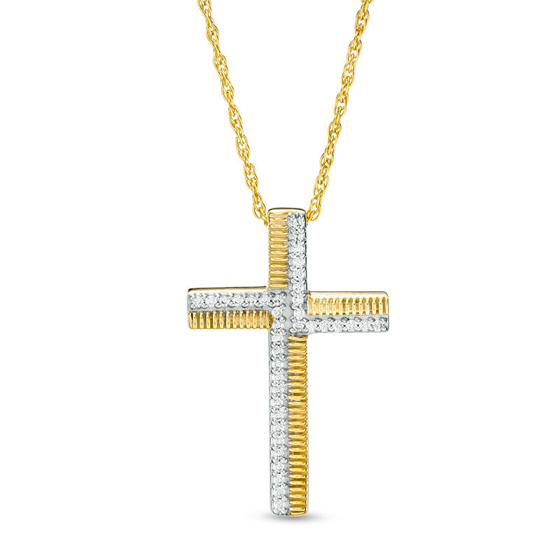 0.117 CT. T.W. Diamond and Textured Cross Pendant in Sterling Silver with 14K Gold Plate