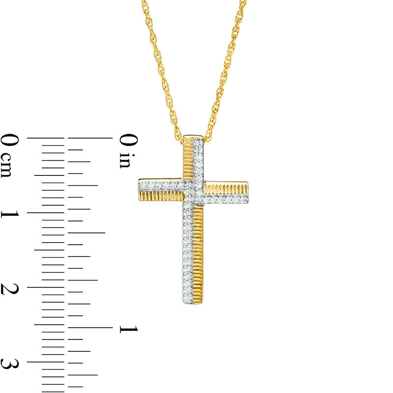 Main Image 2 of 0.117 CT. T.W. Diamond and Textured Cross Pendant in Sterling Silver with 14K Gold Plate