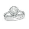 Thumbnail Image 1 of 6.0mm Lab-Created White Sapphire Frame Chevron Bridal Set in Sterling Silver