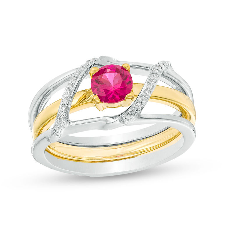 5.0mm Lab-Created Ruby and 0.04 CT. T.W. Diamond Bypass Three-in-One Ring in Sterling Silver and 10K Gold