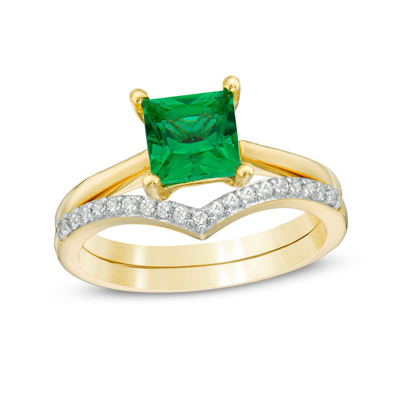 6.0mm Princess-Cut Lab-Created Emerald and 0.065 CT. T.W. Diamond Chevron Bridal Set in 10K Gold