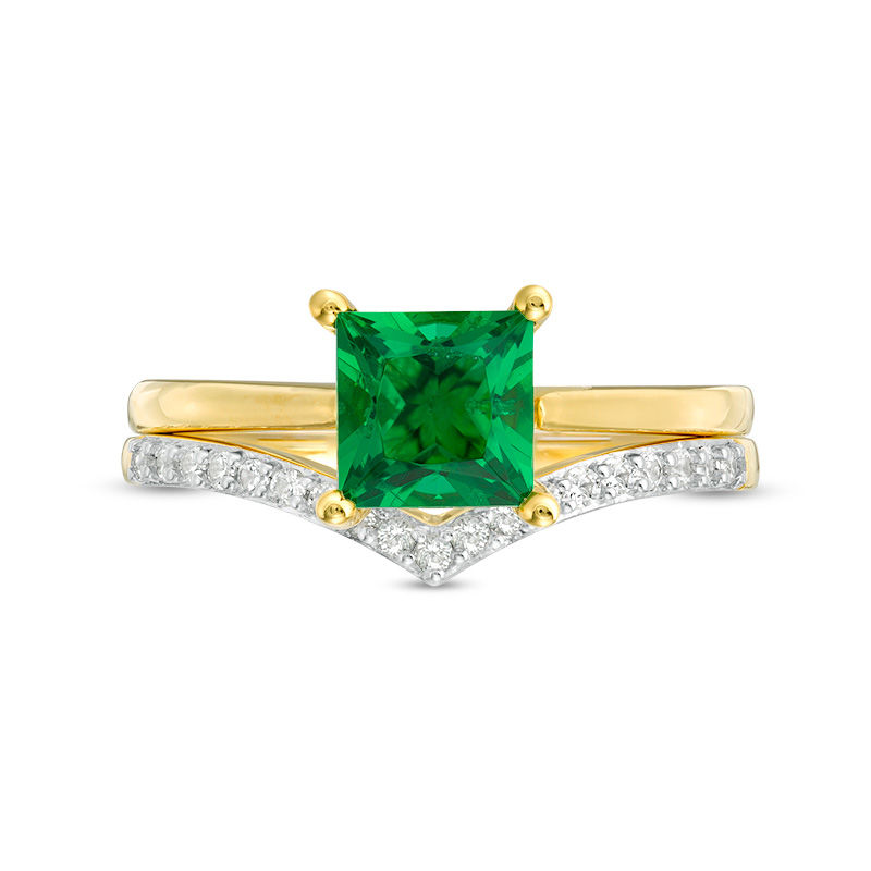 Main Image 4 of 6.0mm Princess-Cut Lab-Created Emerald and 0.065 CT. T.W. Diamond Chevron Bridal Set in 10K Gold