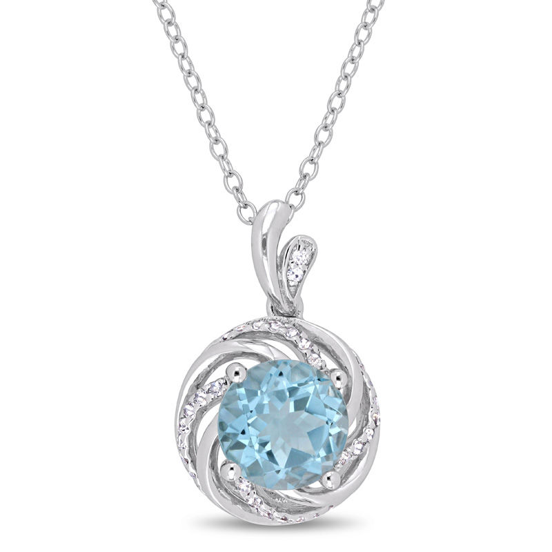 8.0mm Sky Blue and White Topaz with Diamond Accent Swirl Frame Pendant in Sterling Silver