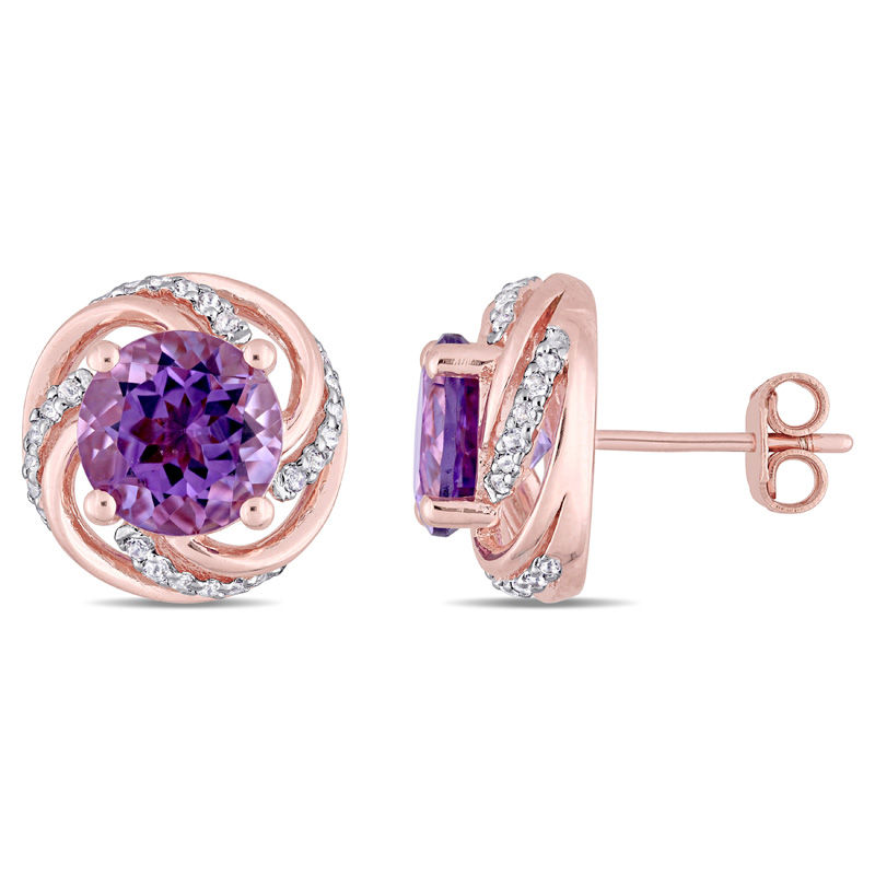 8.0mm Amethyst and White Topaz Swirl Frame Stud Earrings in Sterling Silver with Rose Rhodium|Peoples Jewellers