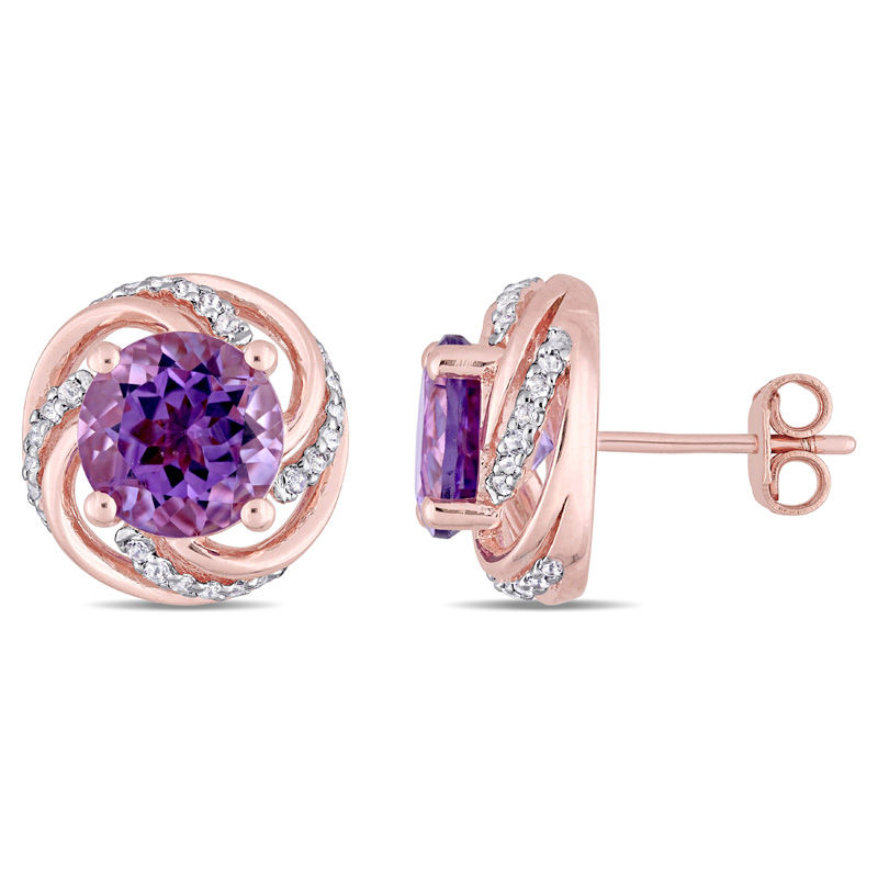 8.0mm Amethyst and White Topaz Swirl Frame Stud Earrings in Sterling Silver with Rose Rhodium