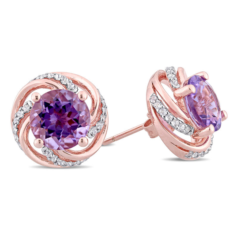 8.0mm Amethyst and White Topaz Swirl Frame Stud Earrings in Sterling Silver with Rose Rhodium