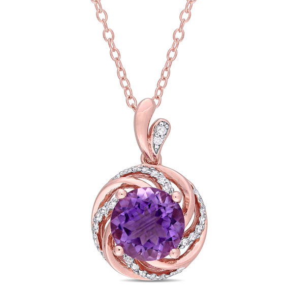 8.0mm Amethyst and White Topaz with Diamond Accent Swirl Frame Pendant in Sterling Silver with Rose Rhodium