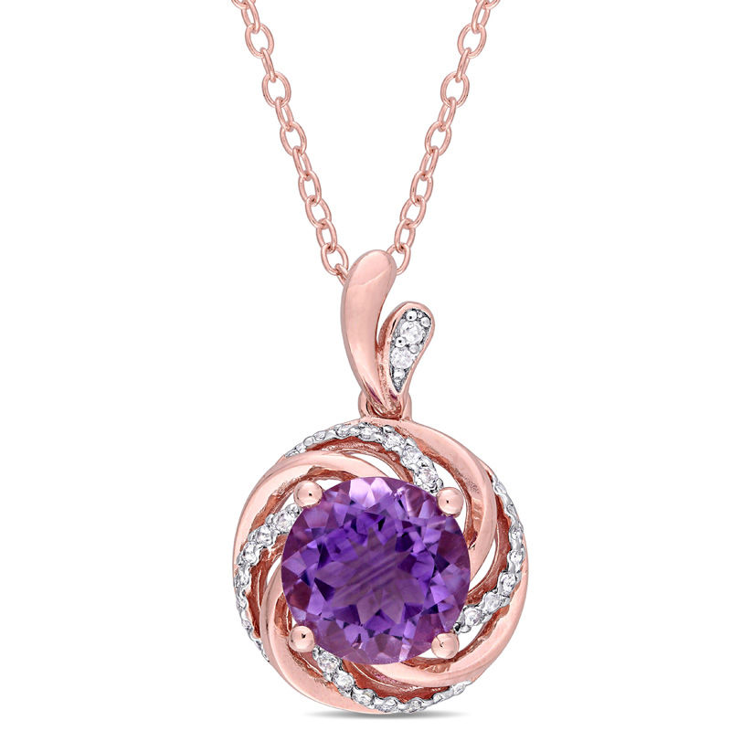 8.0mm Amethyst and White Topaz with Diamond Accent Swirl Frame Pendant in Sterling Silver with Rose Rhodium