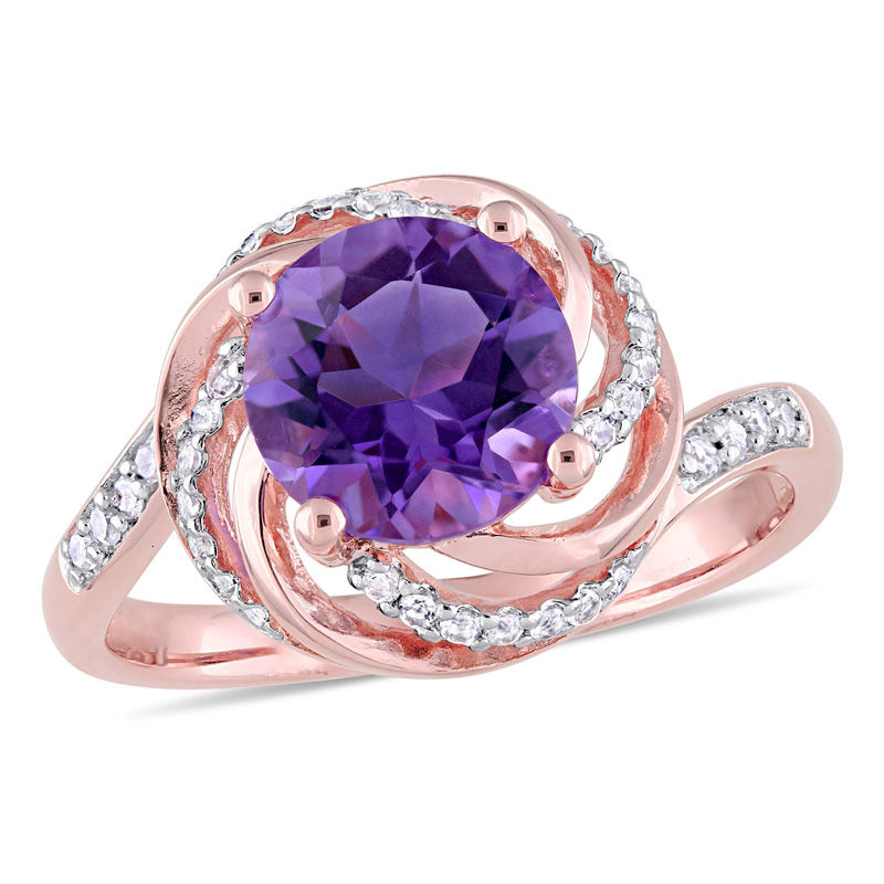 8.0mm Amethyst and White Topaz with 0.04 CT. T.W. Swirl Frame Ring in Sterling Silver with Rose Rhodium