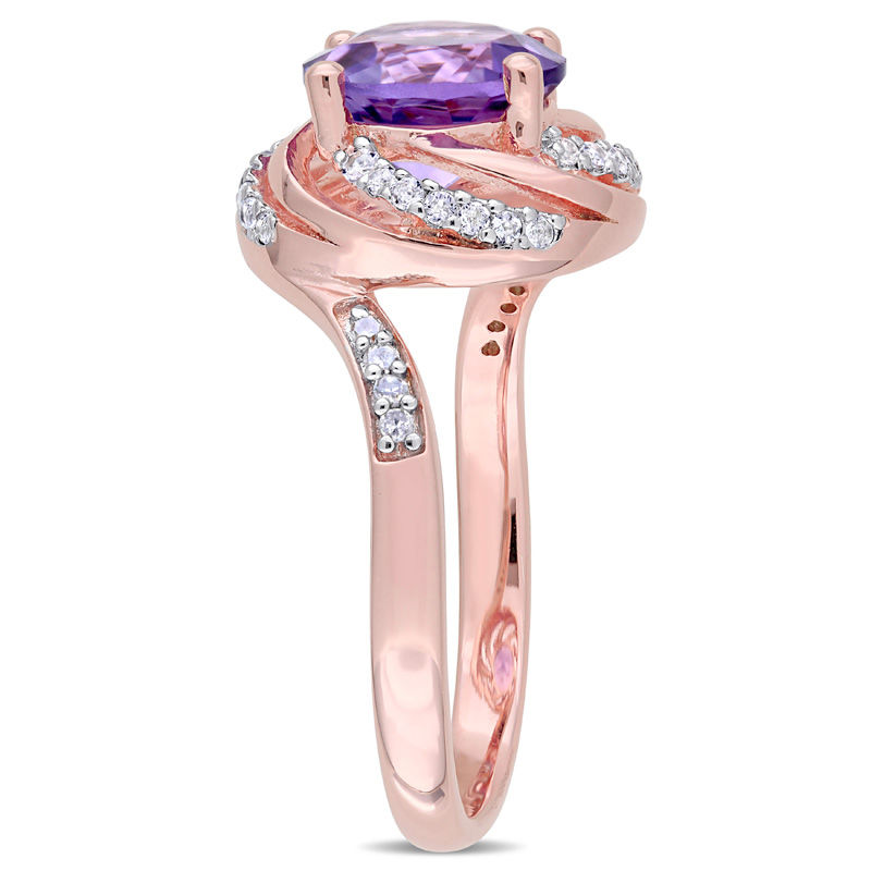 8.0mm Amethyst and White Topaz with 0.04 CT. T.W. Swirl Frame Ring in Sterling Silver with Rose Rhodium