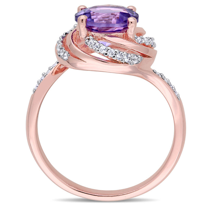8.0mm Amethyst and White Topaz with 0.04 CT. T.W. Swirl Frame Ring in Sterling Silver with Rose Rhodium