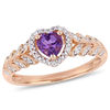 Thumbnail Image 0 of 5.0mm Heart-Shaped Amethyst and 0.05 CT. T.W. Diamond Beaded Frame Leaf Shank Ring in 10K Rose Gold