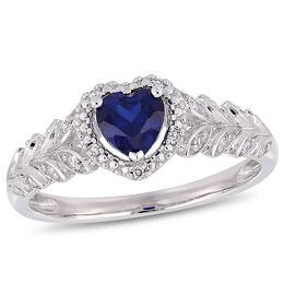 5.0mm Heart-Shaped Lab-Created Blue Sapphire and 0.05 CT. T.W. Diamond Beaded Frame Leaf Shank Ring in 10K White Gold