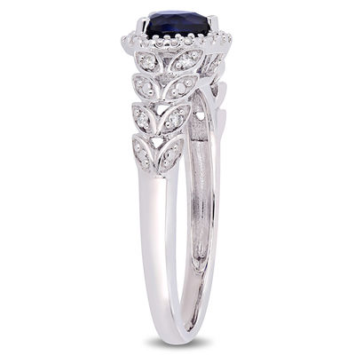 5.0mm Heart-Shaped Lab-Created Blue Sapphire and 0.05 CT. T.W. Diamond Beaded Frame Leaf Shank Ring in 10K White Gold
