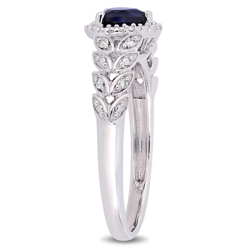 5.0mm Heart-Shaped Lab-Created Blue Sapphire and 0.05 CT. T.W. Diamond Beaded Frame Leaf Shank Ring in 10K White Gold