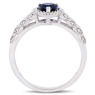 5.0mm Heart-Shaped Lab-Created Blue Sapphire and 0.05 CT. T.W. Diamond Beaded Frame Leaf Shank Ring in 10K White Gold