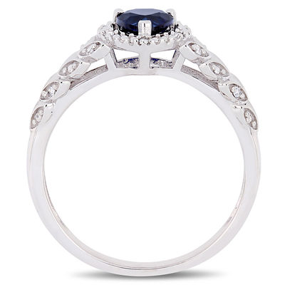 5.0mm Heart-Shaped Lab-Created Blue Sapphire and 0.05 CT. T.W. Diamond Beaded Frame Leaf Shank Ring in 10K White Gold