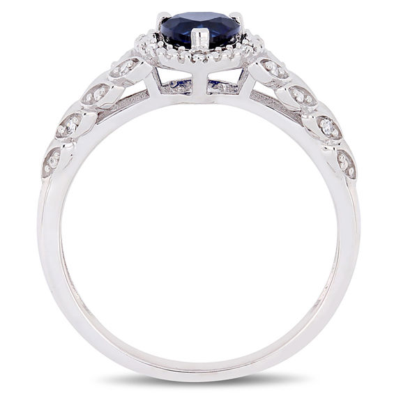 5.0mm Heart-Shaped Lab-Created Blue Sapphire and 0.05 CT. T.W. Diamond Beaded Frame Leaf Shank Ring in 10K White Gold