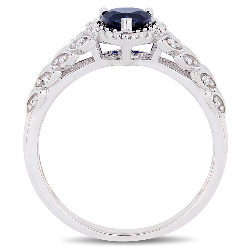 5.0mm Heart-Shaped Lab-Created Blue Sapphire and 0.05 CT. T.W. Diamond Beaded Frame Leaf Shank Ring in 10K White Gold
