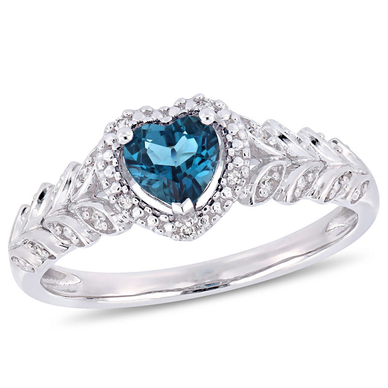 5.0mm Heart-Shaped London Blue Topaz and 0.05 CT. T.W. Diamond Beaded Frame Leaf Shank Ring in 10K White Gold|Peoples Jewellers