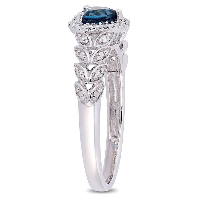 Main Image 2 of 5.0mm Heart-Shaped London Blue Topaz and 0.05 CT. T.W. Diamond Beaded Frame Leaf Shank Ring in 10K White Gold