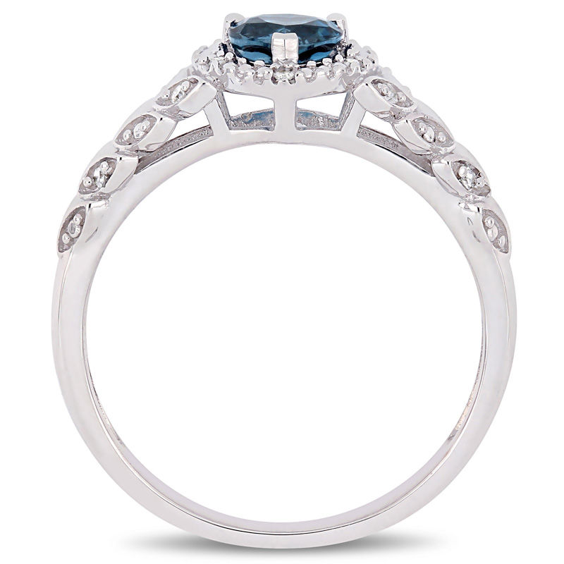 Main Image 3 of 5.0mm Heart-Shaped London Blue Topaz and 0.05 CT. T.W. Diamond Beaded Frame Leaf Shank Ring in 10K White Gold