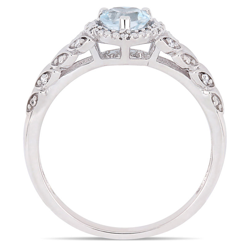 Main Image 3 of 5.0mm Heart-Shaped Sky Blue Topaz and 0.05 CT. T.W. Diamond Beaded Frame Leaf Shank Ring in 10K White Gold