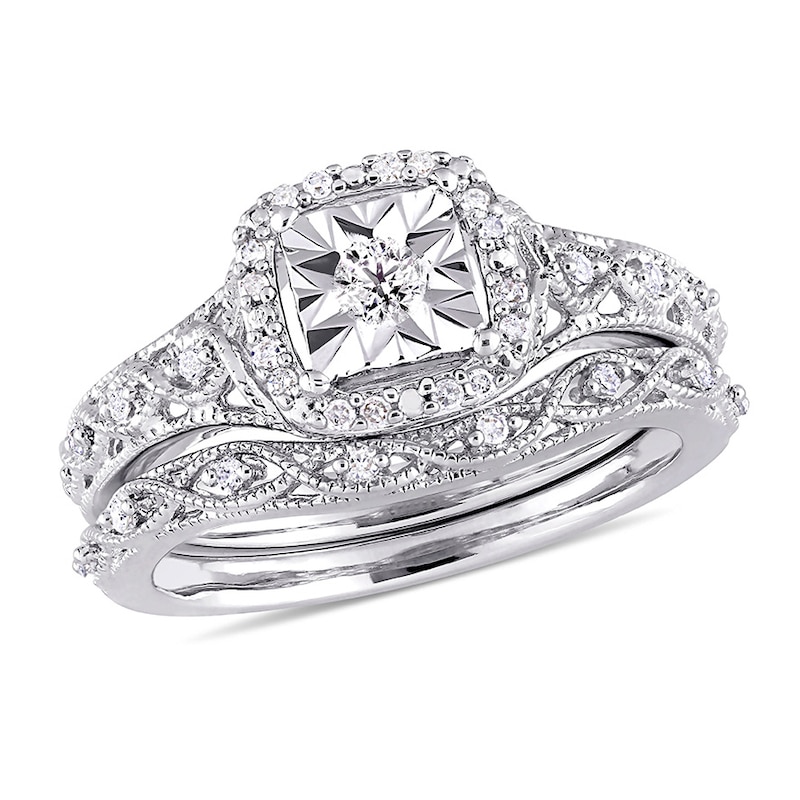 0.20 CT. T.W. Diamond Cushion Frame Twist Vintage-Style Bridal Set in Sterling Silver