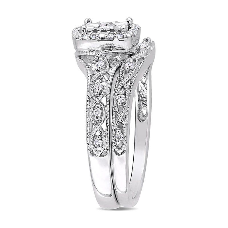 0.20 CT. T.W. Diamond Cushion Frame Twist Vintage-Style Bridal Set in Sterling Silver