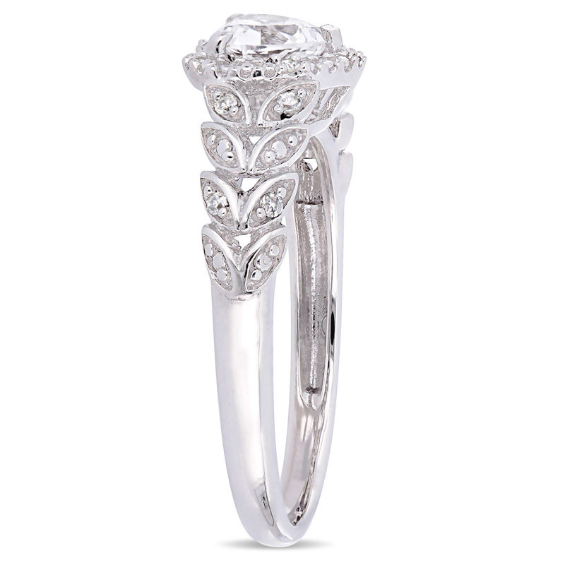 5.0mm Heart-Shaped Lab-Created White Sapphire and 0.05 CT. T.W. Diamond Beaded Frame Leaf Shank Ring in 10K White Gold
