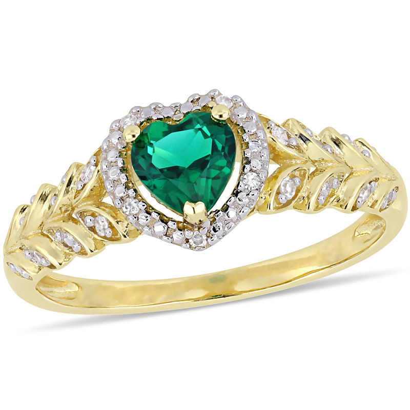 5.0mm Heart-Shaped Lab-Created Emerald and 0.05 CT. T.W. Diamond Beaded Frame Leaf Shank Ring in 10K Gold