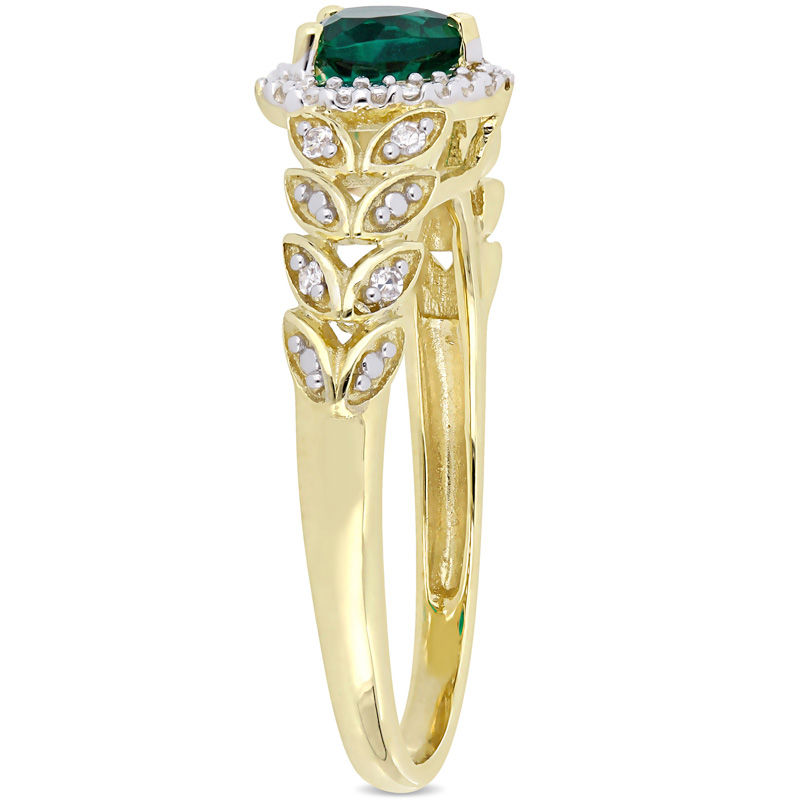 Main Image 2 of 5.0mm Heart-Shaped Lab-Created Emerald and 0.05 CT. T.W. Diamond Beaded Frame Leaf Shank Ring in 10K Gold