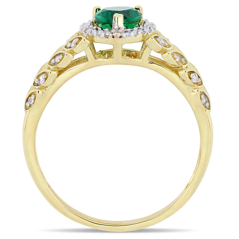 5.0mm Heart-Shaped Lab-Created Emerald and 0.05 CT. T.W. Diamond Beaded Frame Leaf Shank Ring in 10K Gold