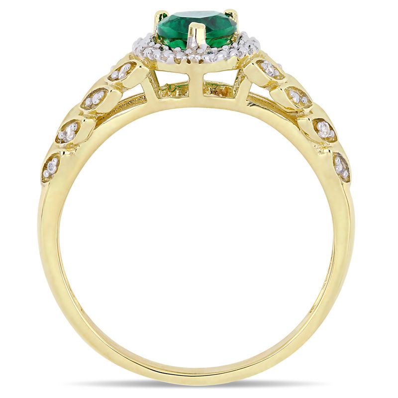 Main Image 3 of 5.0mm Heart-Shaped Lab-Created Emerald and 0.05 CT. T.W. Diamond Beaded Frame Leaf Shank Ring in 10K Gold
