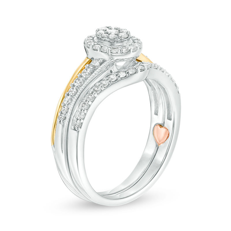 Perfect Fit 0.50 CT. T.W. Composite Diamond Oval Frame Bypass Interlocking Bridal Set in 10K Two-Tone Gold