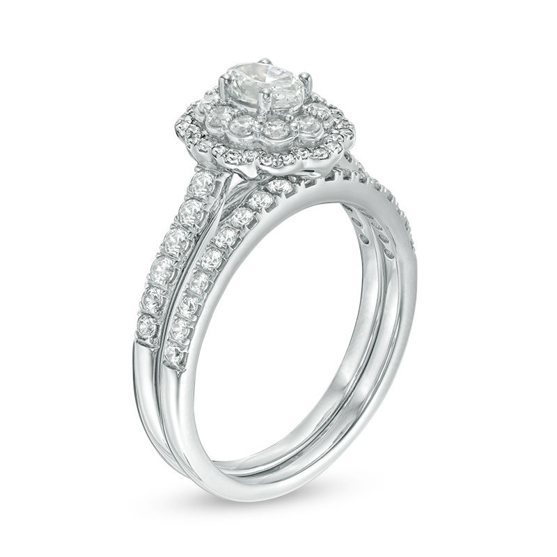 Main Image 2 of 1.00 CT. T.W. Oval Diamond Double Scallop Frame Bridal Set in 14K White Gold