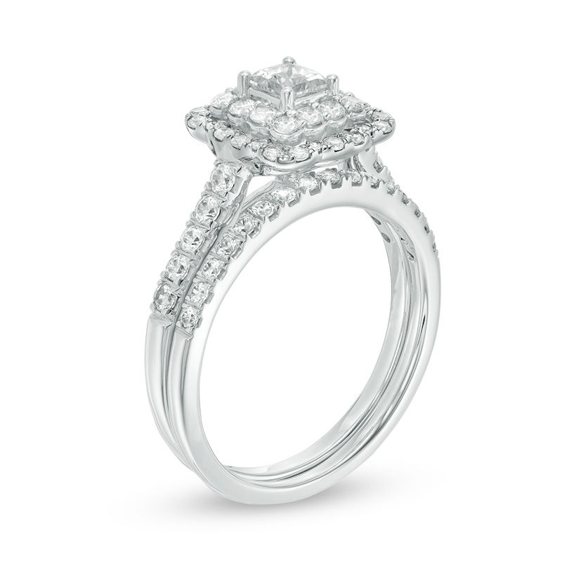 1.00 CT. T.W. Princess-Cut Diamond Double Scallop Frame Bridal Set in 14K White Gold