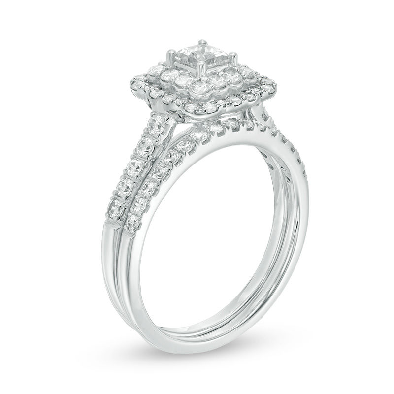 Main Image 2 of 1.00 CT. T.W. Princess-Cut Diamond Double Scallop Frame Bridal Set in 14K White Gold