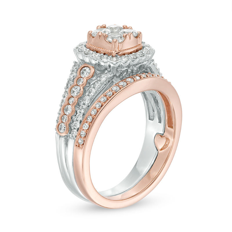 Perfect Fit 1.00 CT. T.W. Diamond Scallop Frame Vintage-Style Interlocking Bridal Set 14K Two-Tone Gold