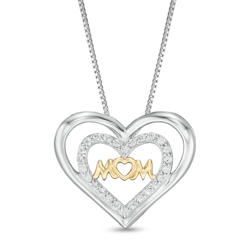 Lab-Created White Sapphire "MOM" Double Hearts Pendant in Sterling Silver with 10K Gold Plate