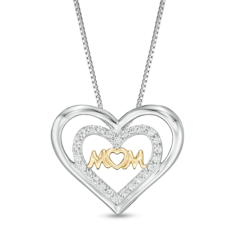Main Image 1 of Lab-Created White Sapphire "MOM" Double Hearts Pendant in Sterling Silver with 10K Gold Plate
