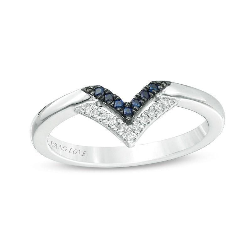 Vera Wang Love Collection Blue Sapphire and 0.04 CT. T.W. Diamond Double Chevron Ring in 14K White Gold